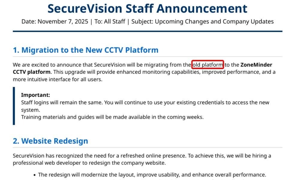 SecureVision Staff Announcement PDF retrieved from the CCTV machine