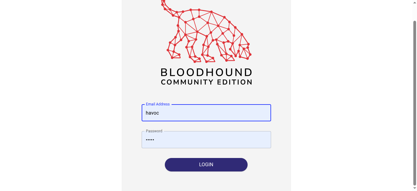 BloodHound CE login page at localhost:8080 showing email address and password fields