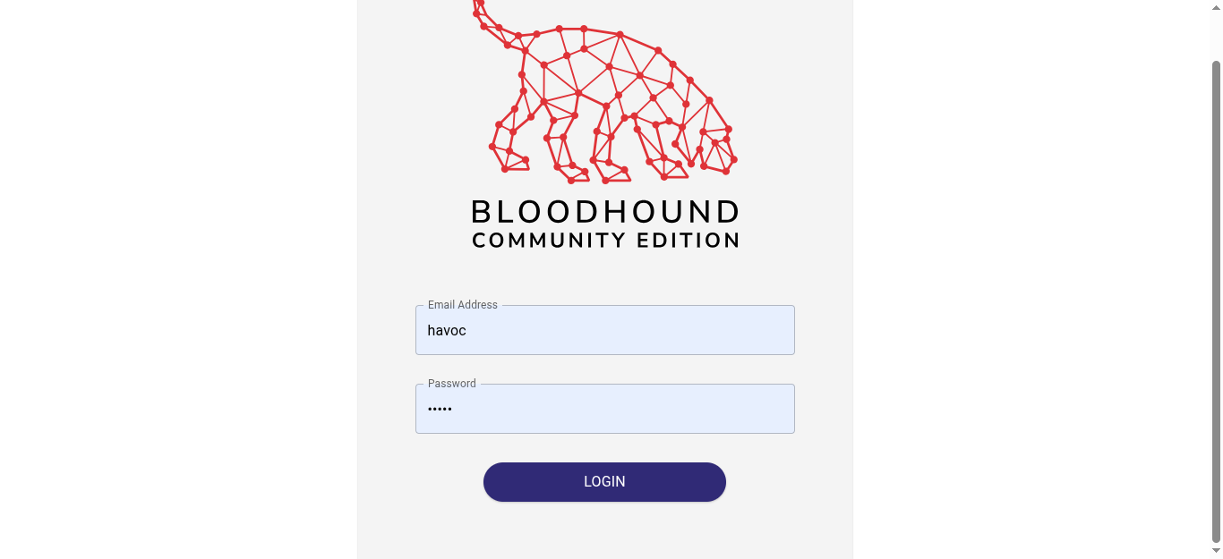 BloodHound CE login form filled in with admin principal name and password