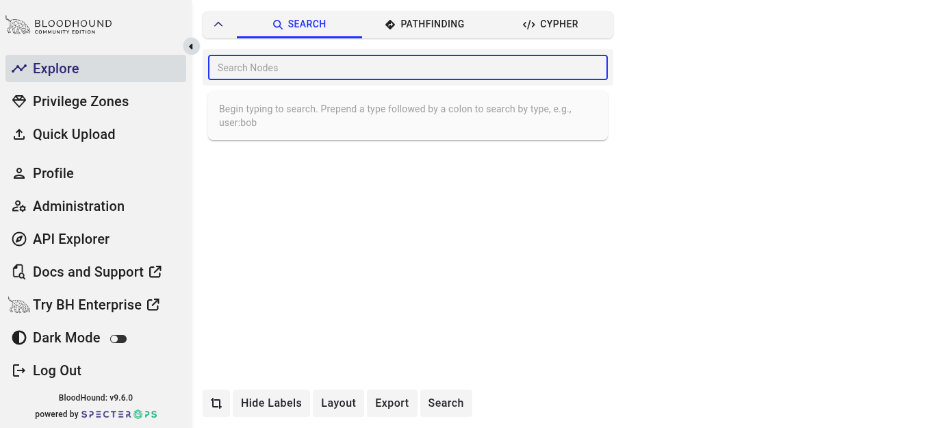 BloodHound CE Explore page after login with left navigation sidebar and empty graph canvas