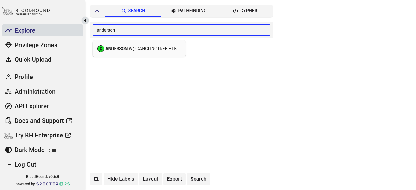 BloodHound CE node search dropdown showing ANDERSON.W user result with type icon