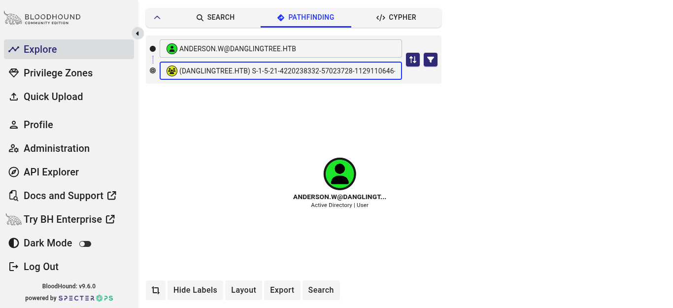 BloodHound Pathfinding tab with ANDERSON.W as start node and Domain Admins SID as destination