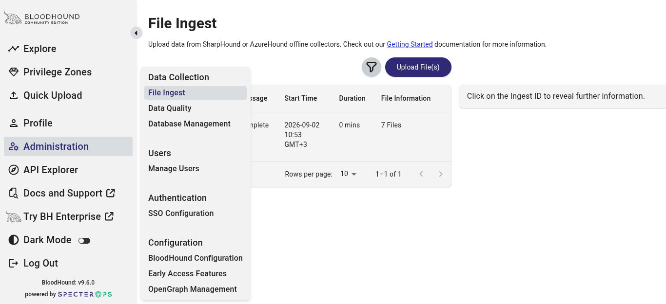 BloodHound CE Administration File Ingest page showing completed ingest job with 7 files
