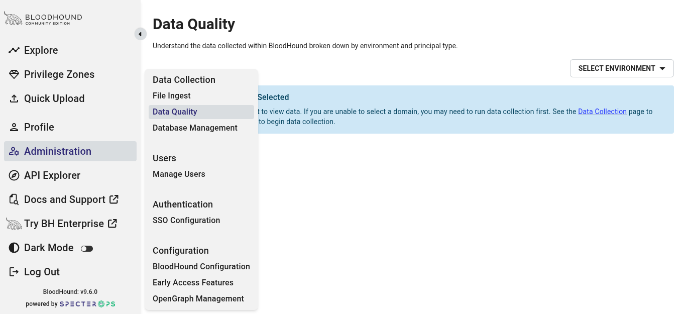 BloodHound CE Data Quality administration page listing node counts by type