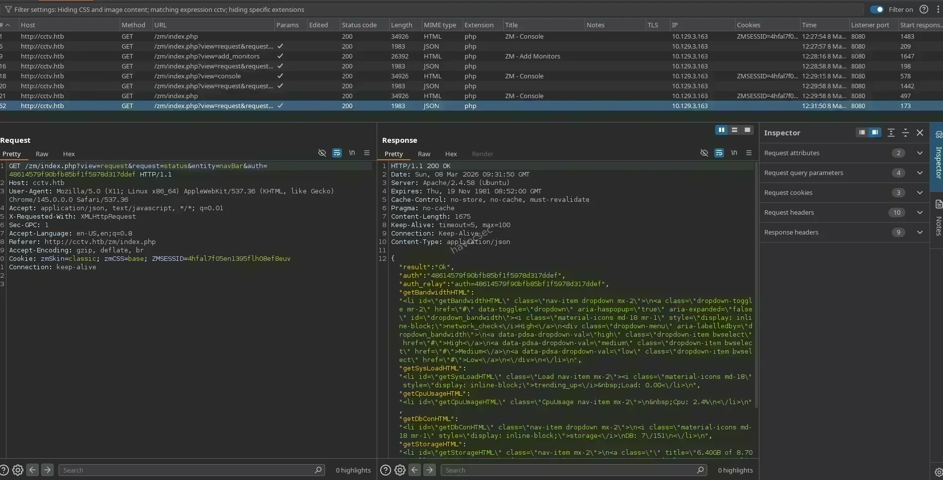 Burp Suite intercepting the vulnerable ZoneMinder AJAX request