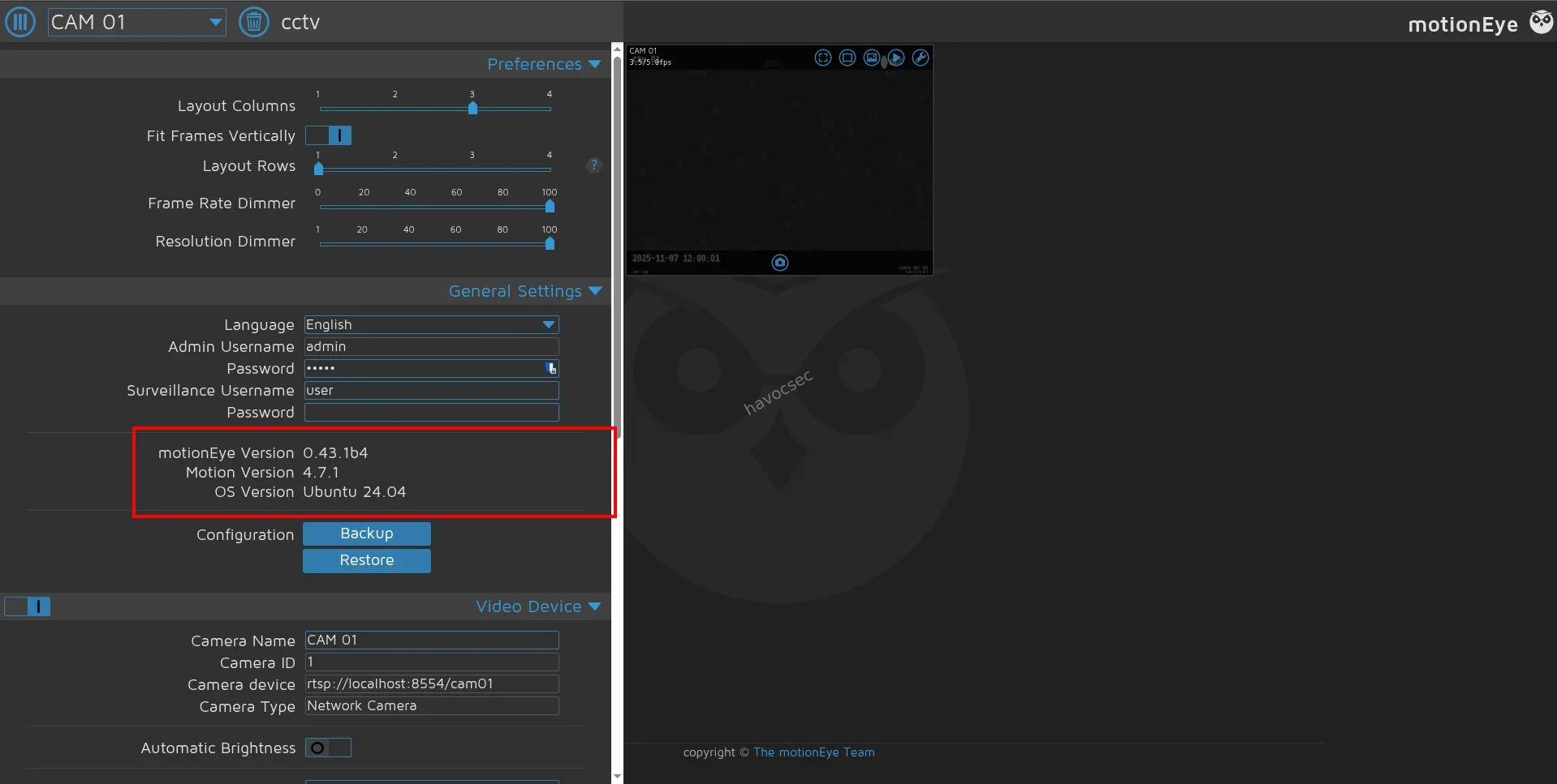 MotionEye version 0.43.1b4 identified on the CCTV HackTheBox machine