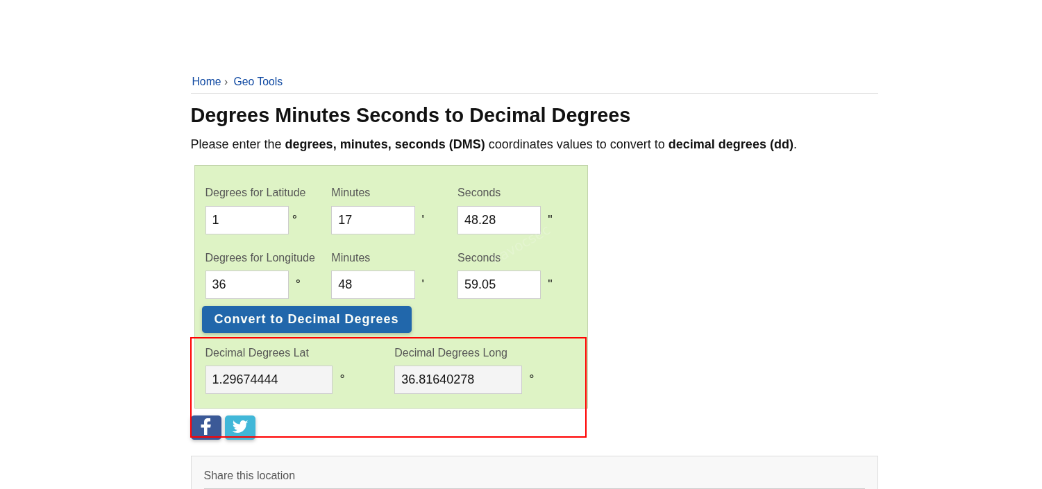 DMS to decimal degrees conversion