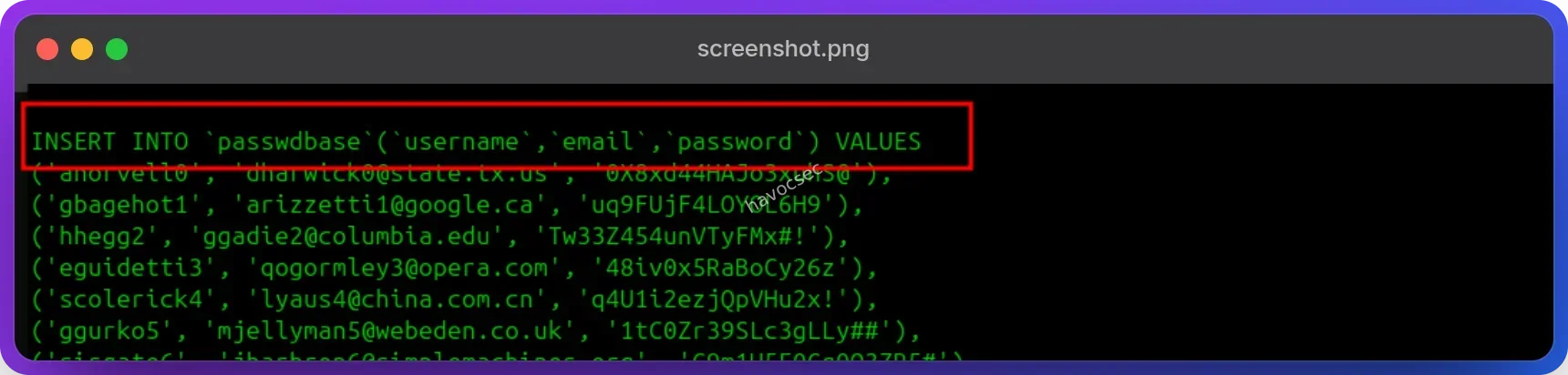 SQL entry showing username and plaintext password