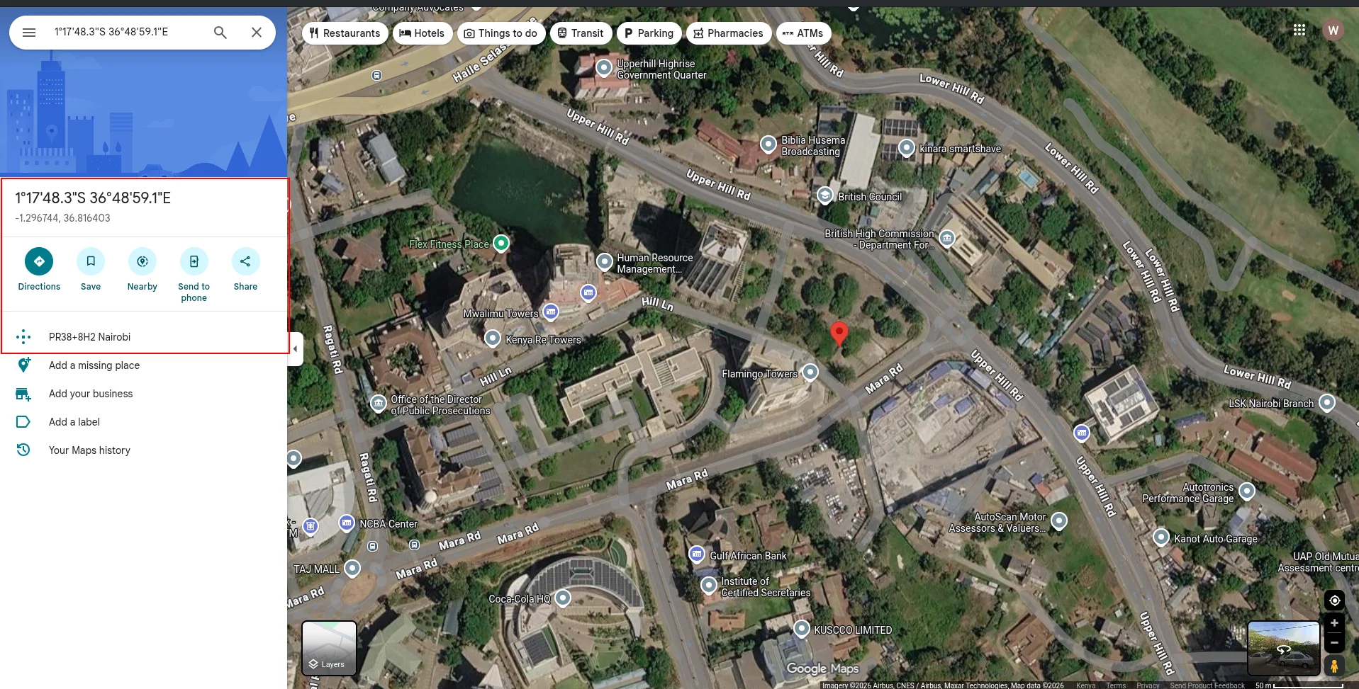 Google Maps confirming the GPS location as Nairobi, Kenya