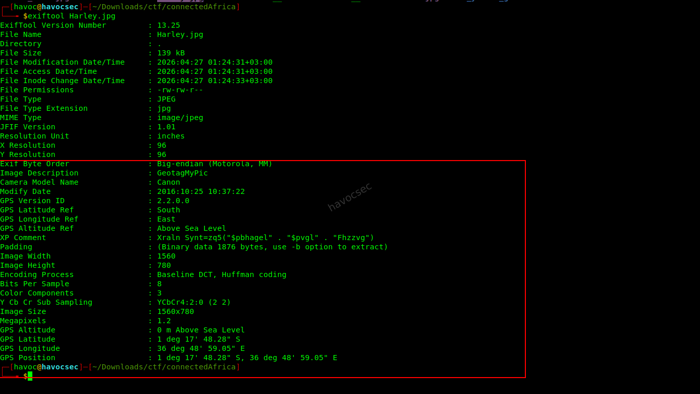 exiftool output for Harley.jpg showing GPS and XP Comment fields