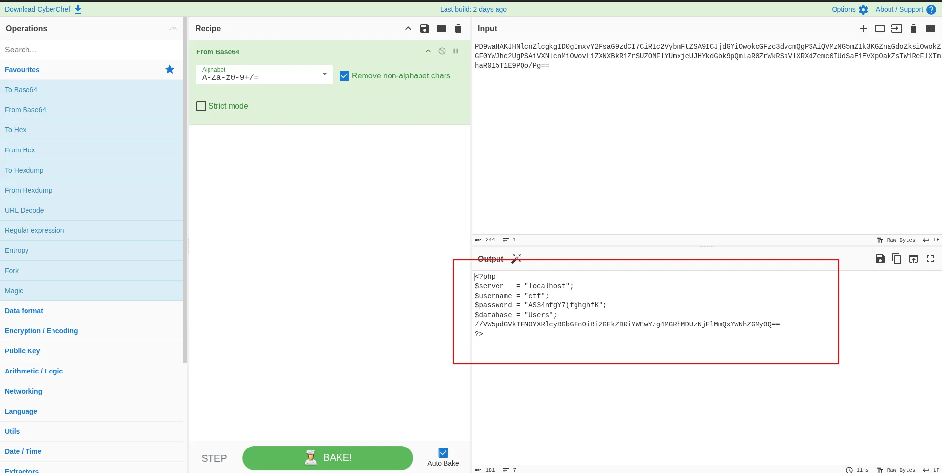 Decoded config.php source with the hidden US flag comment