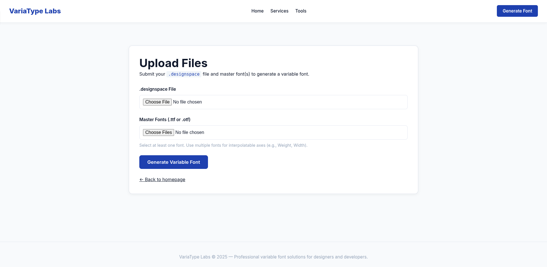 Web interface showing font upload functionality